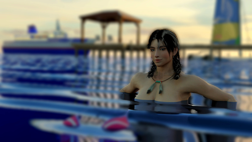 1girl 3d bikini_top black_hair braid brown_eyes cleavage forsavide julia_chang looking_at_viewer namco necklace non-nude swimming tekken tekken_7 topless twin_tails water