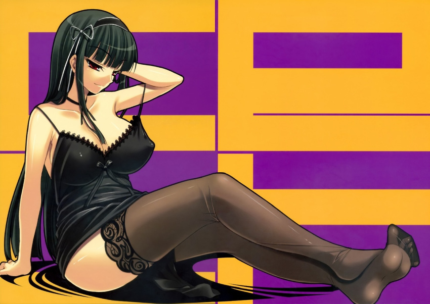 1girl absurd_res absurdres adjusting_hair arm arm_support arm_up arms art babe bare_shoulders big_breasts black_dress black_hair bowtie breasts choker cleavage collarbone dress erect_nipples feet female green_hair hair_ribbon hairband head_tilt high_res highres hime_cut kimi_ga_aruji_de_shitsuji_ga_ore_de kuonji_shinra kure_masahiro lace-top_stockings lace-trimmed_thighhighs legs legwear looking_at_viewer naughty_face neck neck_ribbon nightgown red_eyes ribbon see-through shinra_kuonji shiny shiny_hair shiny_skin sitting smile solo stockings strap_slip they_are_my_noble_masters thighhighs toes very_long_hair