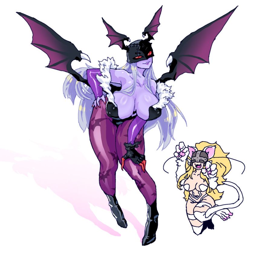 1girl angewomon bat_wings big_breasts cat_girl darkstalkers digimon digimon_(species) felicia_(darkstalkers) female_only head_wings ladydevimon long_hair morrigan_aensland_(cosplay) solo_female vampire_savior wings_on_head