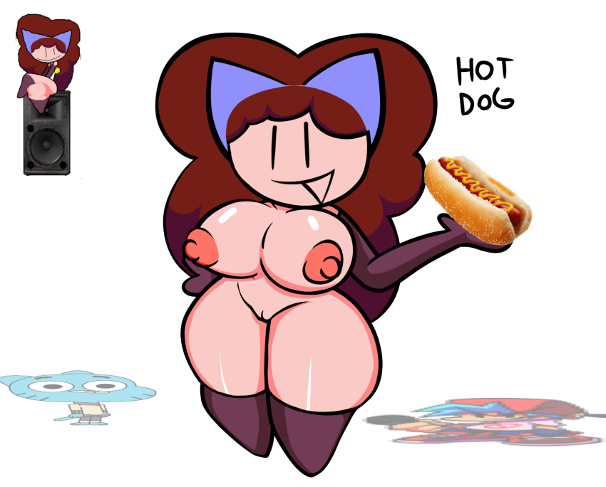 big_breasts big_thighs boyfriend_(friday_night_funkin) cat_ears friday_night_funkin friday_night_funkin_mod girlfriend_(friday_night_funkin) gumball_watterson hotdog jp20414(artist) pussy reference_image thick thick_thighs