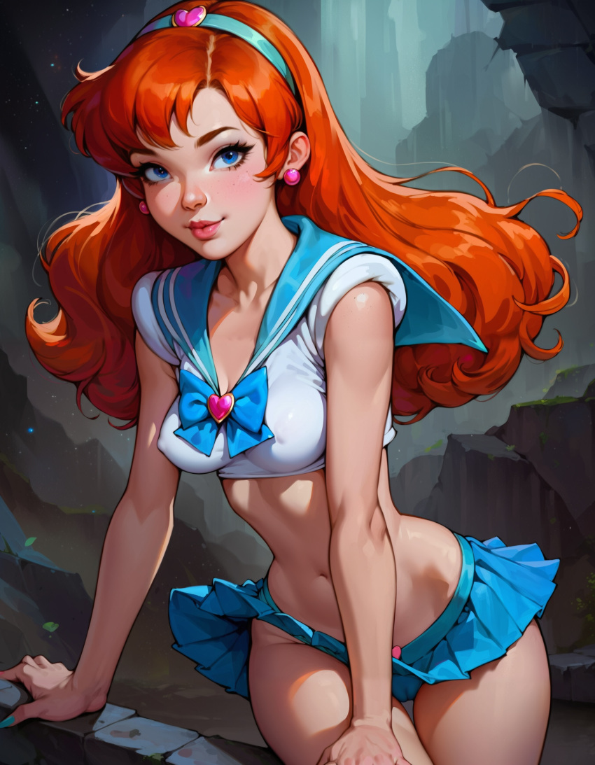 ai_generated bare_midriff blue_eyes blue_panties earrings ecchi hairband jewelry long_hair looking_at_viewer miniskirt orange_hair panties ribbon sailor_fuku serafuku