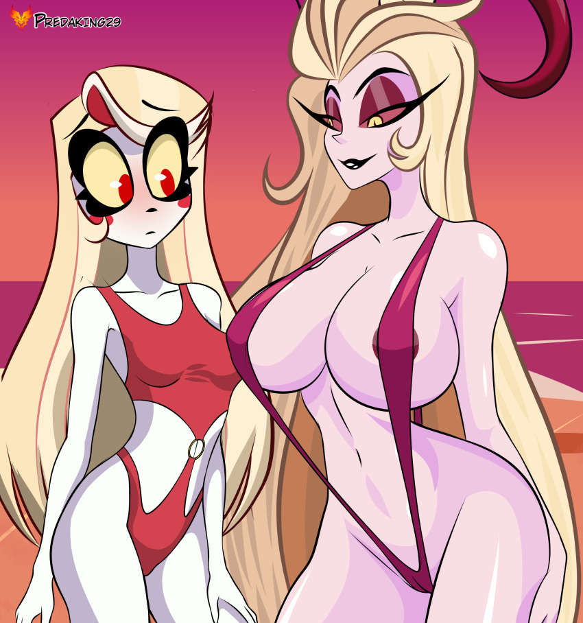 2024 2_girls alluring beach big_breasts black_lipstick blonde_hair blush breast_envy charlie_morningstar_(hazbin_hotel) demon_girl demon_horns eyelashes grey_skin hazbin_hotel hourglass_figure lilith_morningstar_(hazbin_hotel) long_hair milf mother_&_daughter mother_daughter_boob_envy_(meme) nipple_slip ocean predaking29 red_eyes sand sling_bikini small_breasts swimsuit vivienne_medrano white_skin