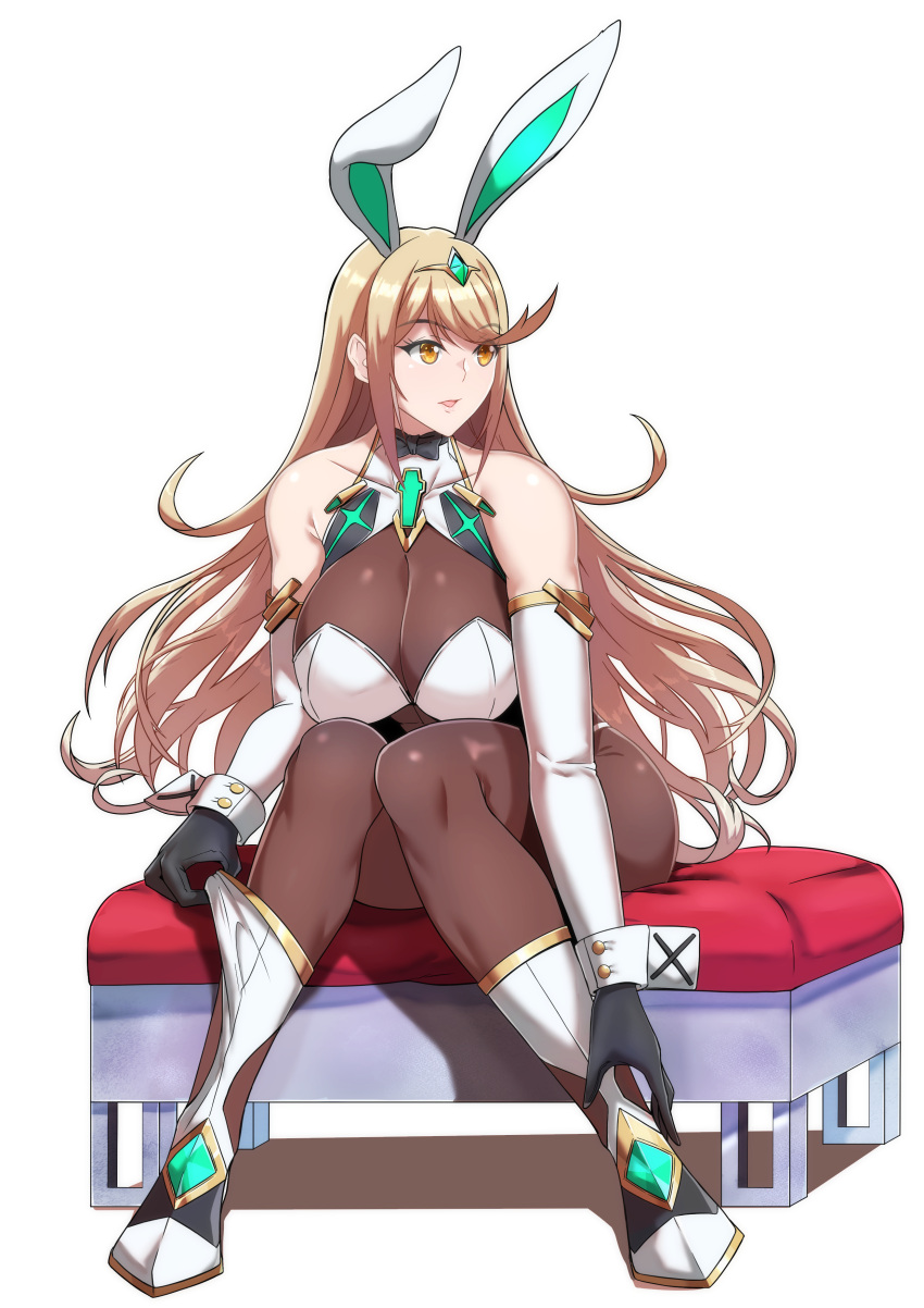 1girl adjusting_clothes alluring big_breasts blonde_hair bowtie breasts bunny_ears core_crystal fake_animal_ears gloves high_heels leotard long_hair mythra nintendo pantyhose playboy_bunny sitting tiara torahime_(roland00) white_leotard wrist_cuffs xenoblade_(series) xenoblade_chronicles_2 yellow_eyes