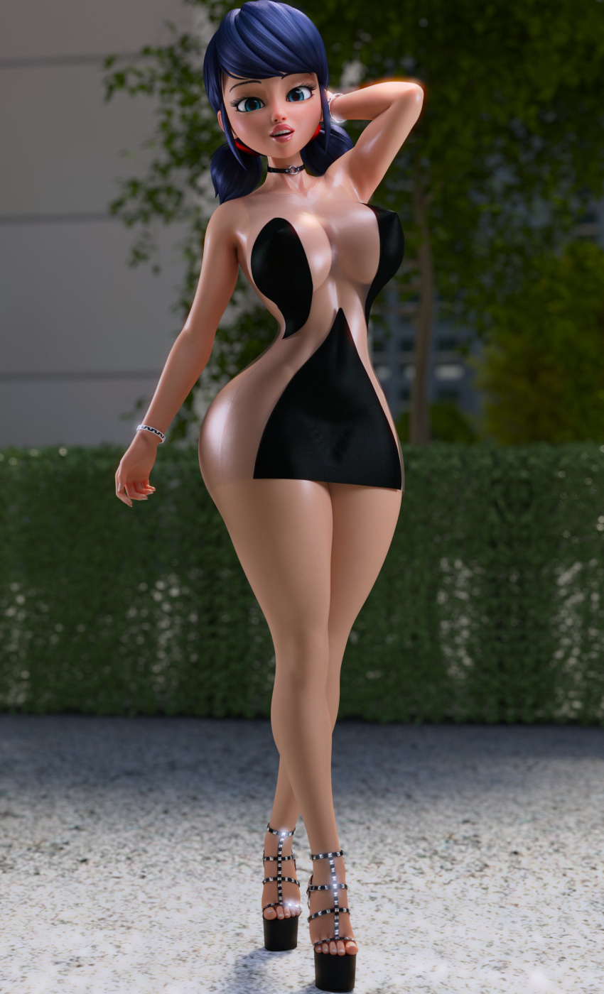 1girl 1girl 1girl 3d alluring black_hair blue_eyes blue_hair curvy curvy_body curvy_female curvy_figure curvy_hips feet_together female_only high_heels marinette_cheng marinette_dupain-cheng miraculous:_tales_of_ladybug_and_cat_noir miraculous_ladybug nipple_slip nipples_visible_through_clothing platform_heels pose ruidx single white_shirt