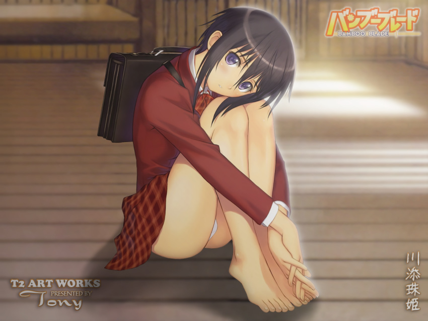 bangs barefoot black_hair bowtie feet female hair hands_clasped kawazoe_tamaki knees legs long_legs looking_at_viewer panties purple_eyes school_uniform short_hair sitting skirt taka_tony takayuki_tanaka tanaka_takayuki thighs toes tony_taka underwear wallpaper white_panties wooden_floor