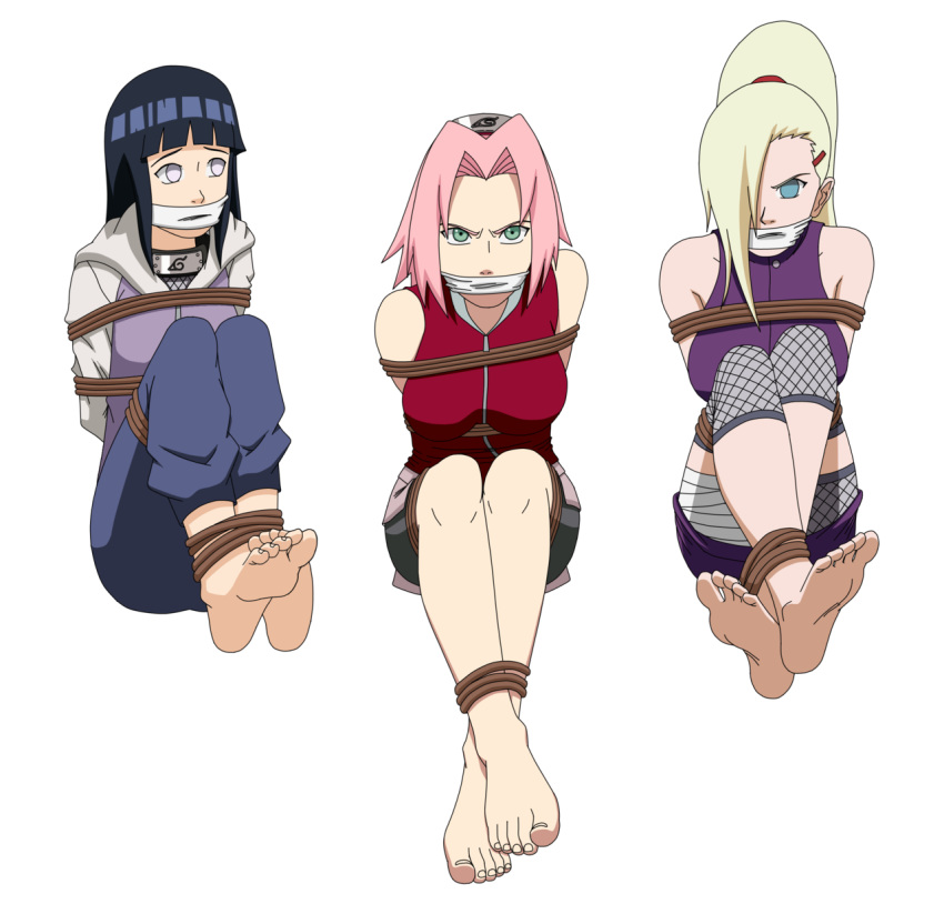 3_girls angry feet gagged hinata_hyuuga ino_yamanaka looking_at_viewer naruto no-pornography rope_bondage sakura_haruno