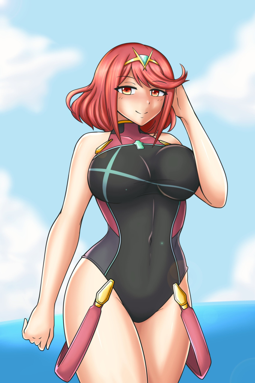 1girl alluring bare_legs big_breasts bikini female_only hayato_stuff looking_at_viewer milf one-piece_bikini pyra red_eyes red_hair swimsuit tagme xenoblade_(series) xenoblade_chronicles_2