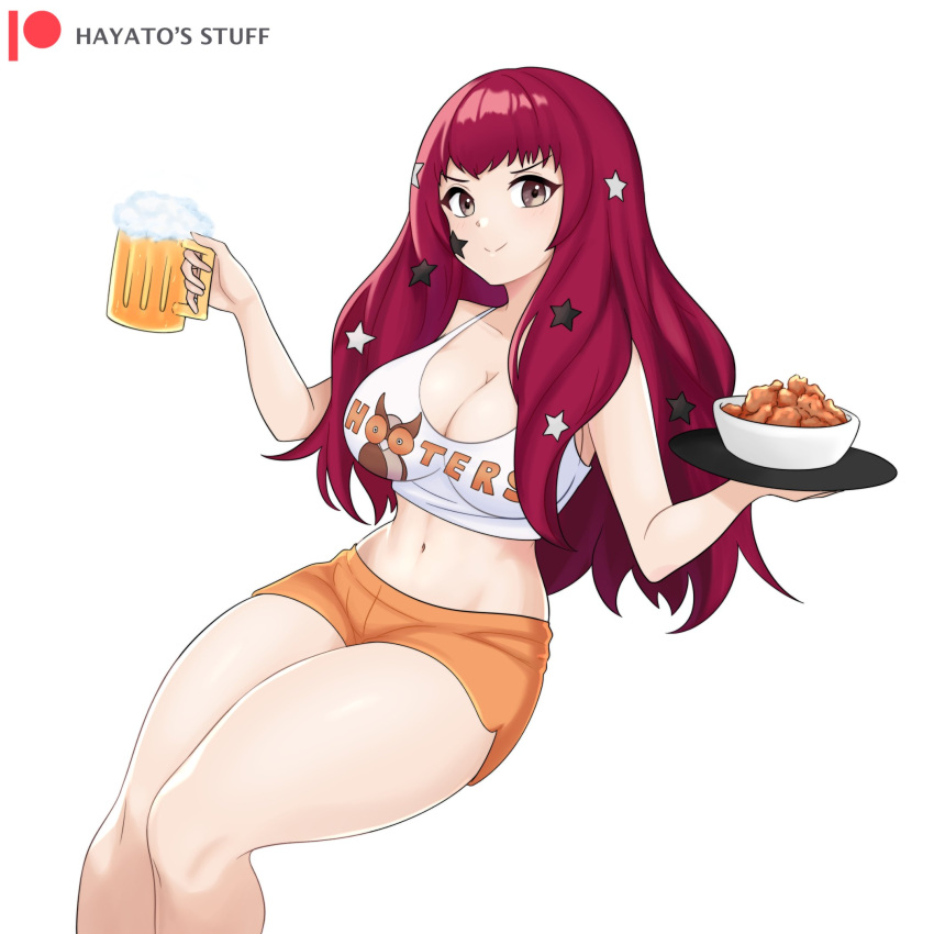 1girl 1girl 1girl alluring alternate_costume bare_legs breasts female_only fire_emblem fire_emblem_engage hayato_stuff hooters waitress yunaka_(fire_emblem)