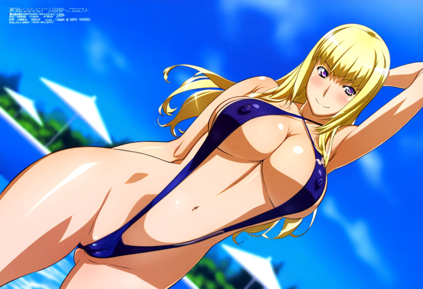 1girl accurate_art_style alguanyu alluring bare_legs big_breasts blonde_hair cleavage emilie_de_rochefort namco pin_up posing purple_eyes sling_bikini swimming_pool tekken tekken_5_dark_resurrection tekken_6_bloodline_rebellion tekken_7 tekken_8 tekken_tag_tournament_2