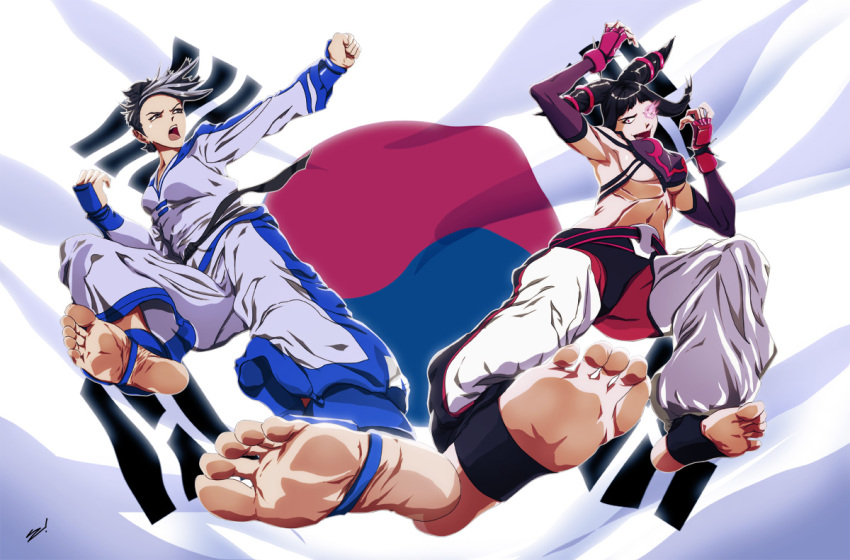 baggy_pants barefoot black_hair breasts capcom chae_lim crossover dougi drill_hair feet female_only flying_kick foreshortening glowing glowing_eye juri_han kicking king_of_fighters king_of_fighters_maximum_impact korean multiple_girls navel pants pov pov_feet purple_eyes scamwich short_twintails soles street_fighter street_fighter_iv the_king_of_fighters toeless_socks toes tomboy twin_drills twin_tails underboob