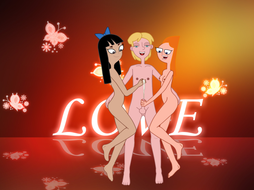 barefoot blue_bowtie breasts butterfly candace_flynn chest_tuft closed_mouth cum_shot disney disney_channel feet jeremy_johnson open_mouth phineas_and_ferb stacy_hirano