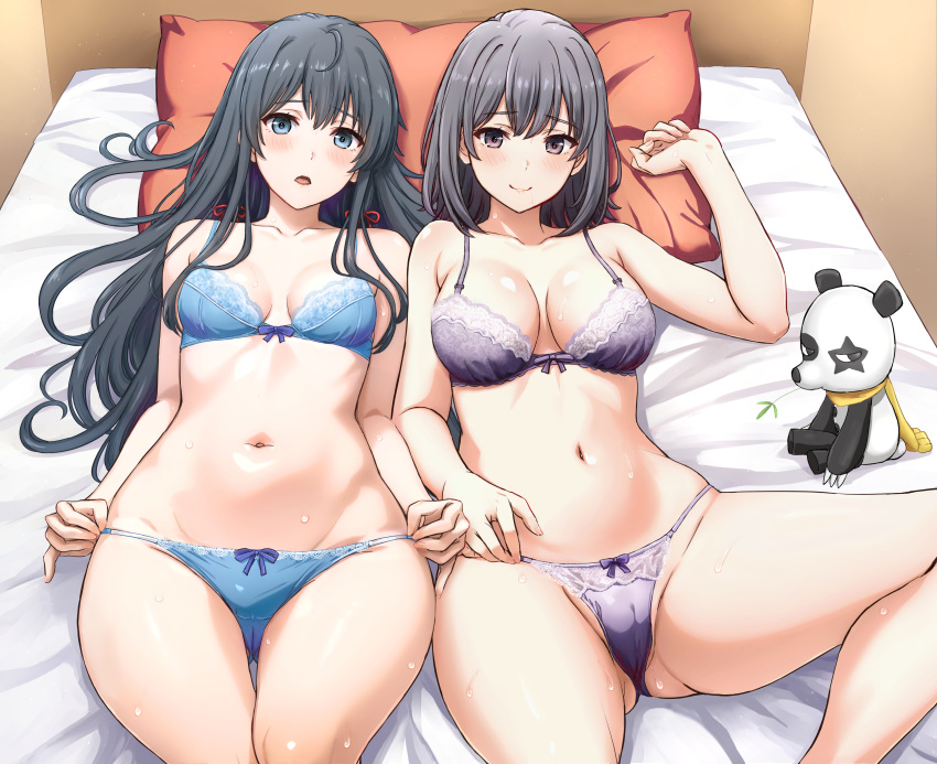 2_girls bed bedroom big_breasts black_hair blue_eyes bra cleavage inanaki_shiki medium_breasts on_bed panties purple_eyes silf silfs sisters underwear yahari_ore_no_seishun_lovecome_wa_machigatteiru. yukinoshita_haruno yukinoshita_yukino