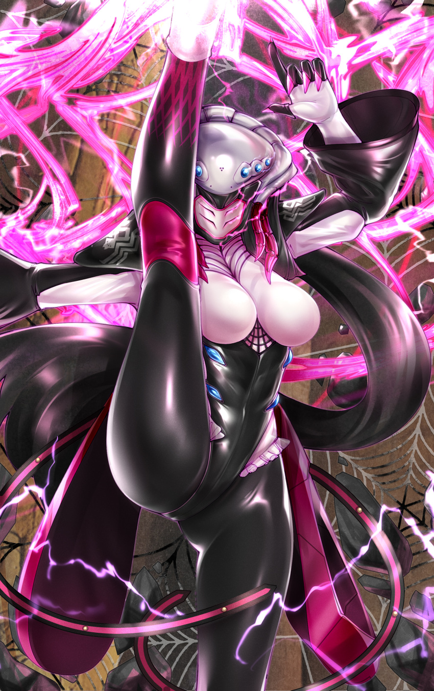 1girl alluring athletic_female big_breasts black_hair fit_female high_kick himuro-rogue kicking leg_lift nephila ohsama_sentai_king-ohger pink_nails skirt super_sentai