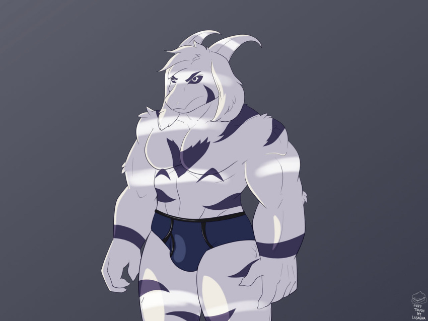 1boy 2020s 2022 2d 2d_(artwork) 5_fingers anthro anthro_only artist_name asriel_dreemurr asriel_dreemurr_(god_of_hyperdeath) ass bara big_muscles black_sclera body_markings boss_monster briefs bulge caprine deviantart digital_media_(artwork) donttouchmylasagna face_markings floppy_ears fur furry furry_male furry_only goat goat_boy goat_ears goat_horns grey_background horns male male_anthro male_only male_underwear mammal monster monster_boy muscle muscular muscular_anthro muscular_male pecs simple_background solo_anthro solo_male topless topless_anthro topless_male undertale undertale_(series) underwear video_game_character video_games