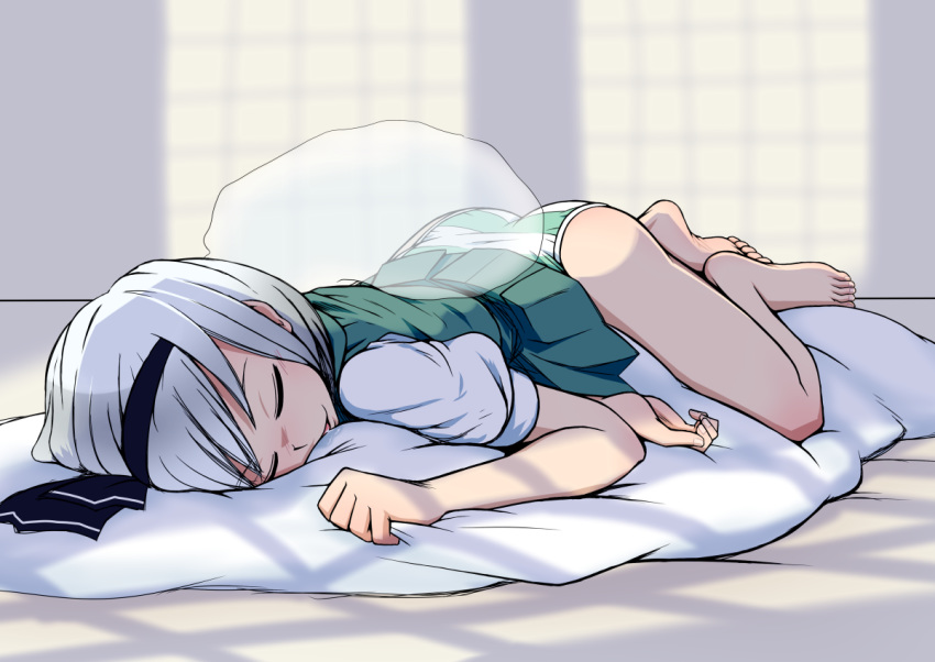 1girl ass barefoot blush drooling feet female hairband iromeki_overdrive konpaku_youmu konpaku_youmu_(ghost) lying panties pantyshot saliva short_hair silver_hair skirt sleeping solo striped striped_panties toes touhou underwear upskirt