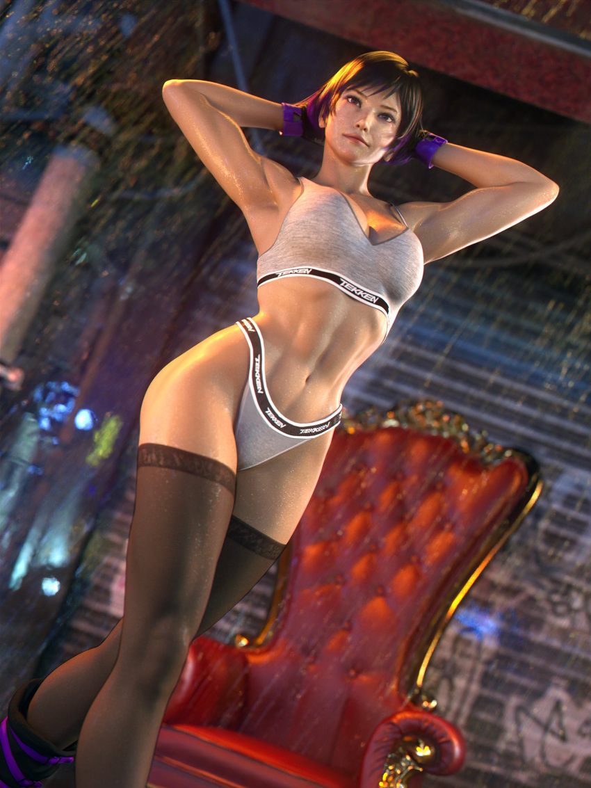 1girl 3d athletic_female big_breasts black_and_purple_hair black_hair breasts curvaceous curvy curvy_figure digital_media_(artwork) eyebrows eyelashes eyes female_abs female_focus fit fit_female hair hips hourglass_figure human legs light-skinned_female light_skin lips mature mature_female namco purple_hair raining reina_(tekken) slim_waist tekken tekken_8 thick thick_legs thick_thighs thighs top_heavy waist wet wide_hips word2