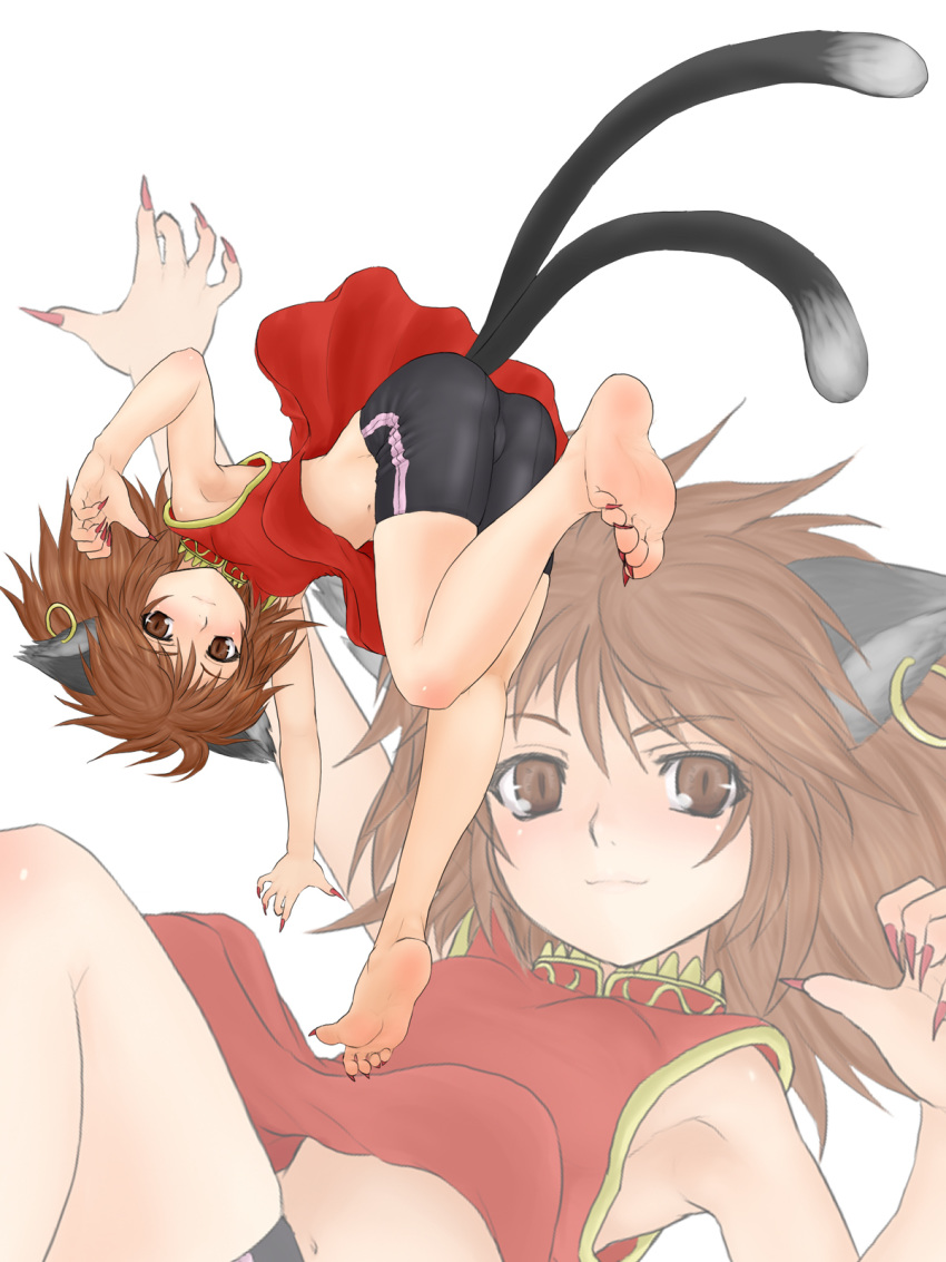 1girl animal_ears armpits barefoot bike_shorts brown_eyes brown_hair cat_ears cat_tail chen china_dress chinese_clothes dress earrings face feet female fingernails hands_reach_floor highres jewelry kuro_suto_sukii long_fingernails long_toenails multiple_tails nail_polish navel short_hair sleeveless smile soles solo spread_toes tail toe_spread toenail_polish toenails toes touhou zoom_layer