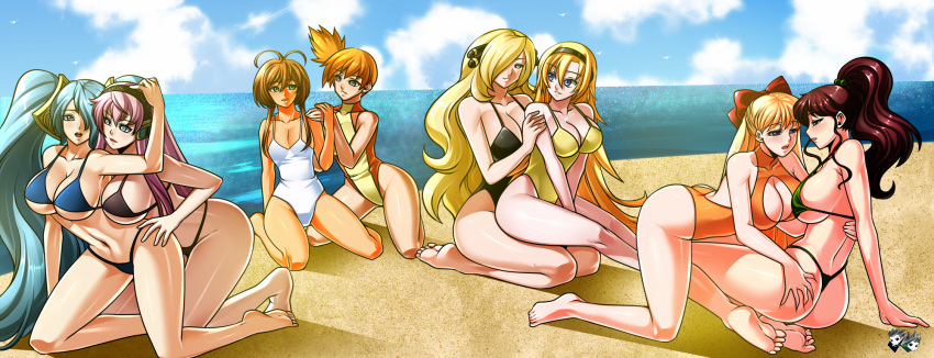 1girl 6+girls 8girls alluring ass beach bikini bishoujo_senshi_sailor_moon card_captor_sakura card_captor_sakura crossover cynthia_(pokemon) female_only human human_only jadenkaiba kasumi_(pokemon) kinomoto_sakura league_of_legends lily_(vocaloid) makoto_kino megurine_luka minako_aino misty misty_(pokemon) multiple_girls pokemon sakura_kinomoto shounen_jump sona_buvelle swimsuit vocaloid yuri