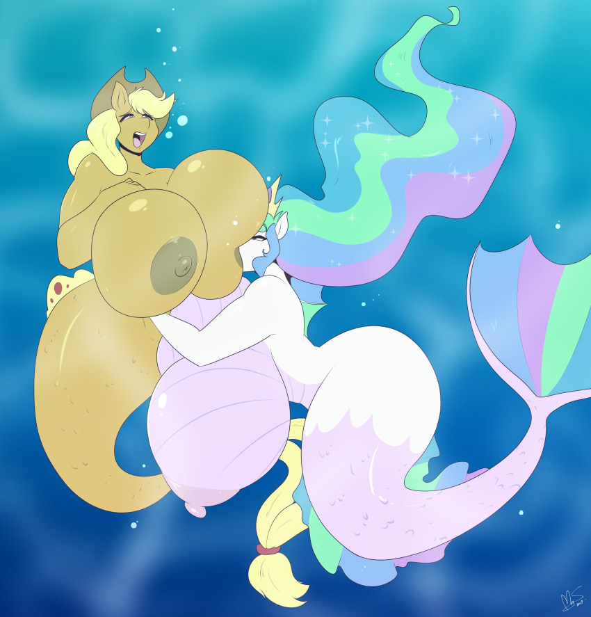 2girls anthro applejack applejack_(mlp) areola big_breasts blonde_hair breast_play breast_suck breasts duo equid female female/female friendship_is_magic hair half-closed_eyes hand_on_breast hasbro high_res huge_breasts hybrid hyper hyper_breasts long_hair looking_pleasured mammal marine merfolk mrsakai multicolored_hair my_little_pony narrowed_eyes nipples open_mouth princess_celestia princess_celestia_(mlp) split_form sucking underwater water