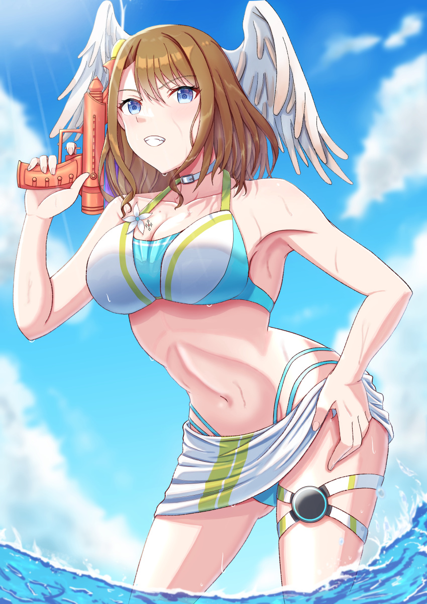 1girl alluring bare_legs big_breasts bikini blue_eyes brown_hair cleavage eunie_(xenoblade) legs nintendo pareo water_gun wet xenoblade_(series) xenoblade_chronicles_3 ノン