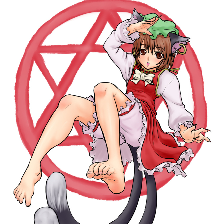 1girl animal_ears barefoot brown_eyes brown_hair cat_ears cat_tail chen earrings feet female hat hexagram highres jewelry kuro_suto_sukii pov_feet short_hair soles solo tail toenails toes touhou