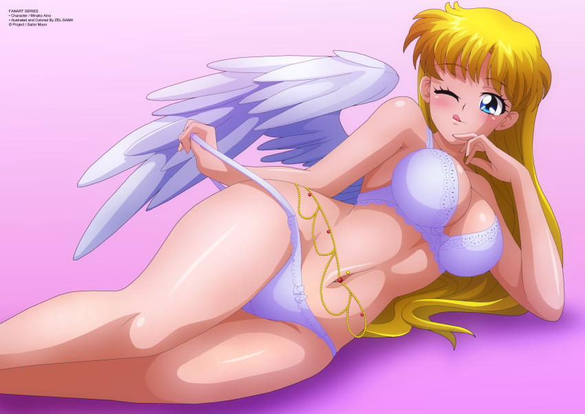 1girl absurd_res aino_minako alluring angel_wings beads big_breasts bishoujo_senshi_sailor_moon blonde_hair blue_eyes blush bow bow_bra bow_panties bra cleavage collarbone high_res long_hair looking_at_viewer lying minako_aino navel one_eye_closed panties panty_pull pin_up pink_background purple_bra purple_panties sailor_venus smile tongue tongue_out underwear wings wink zel-sama