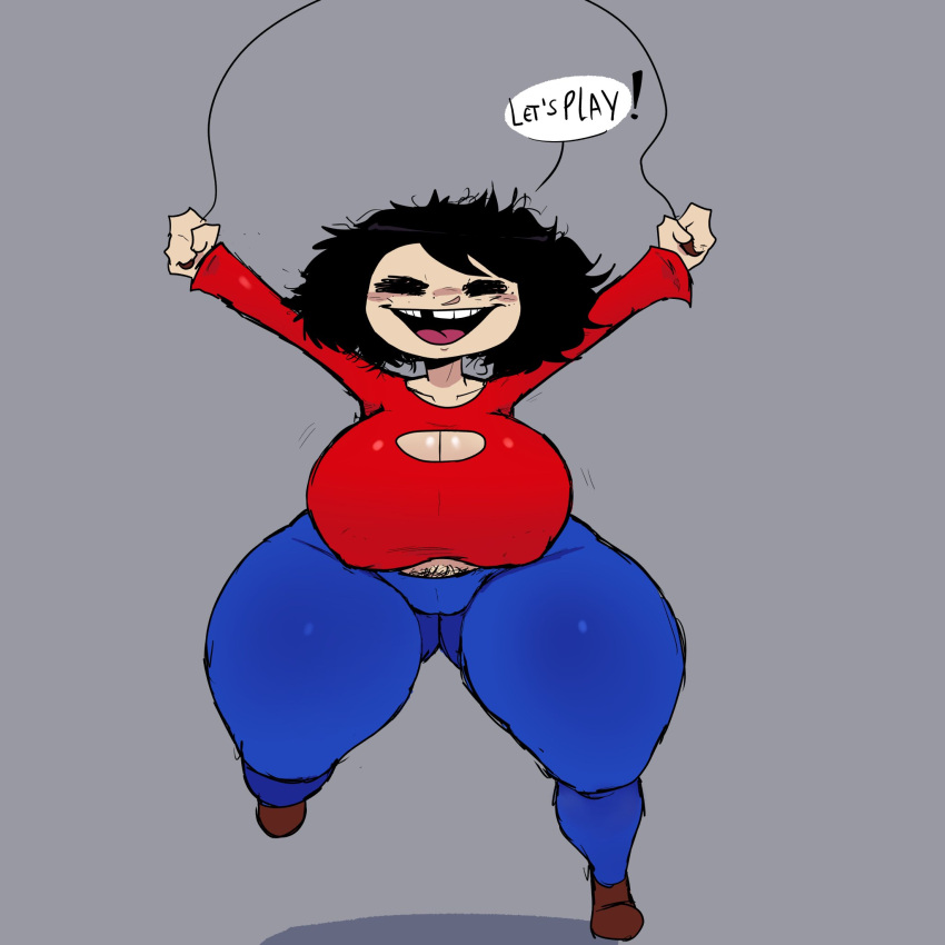 1girl aged_up baldi's_basics_in_education_and_learning baldis_basics big_breasts black_hair blue_pants brown_shoes cleavage female_only grey_background grin happy jump_rope messy_hair playtime_(baldi's_basics) red_shirt speech_bubble trz_lettuce