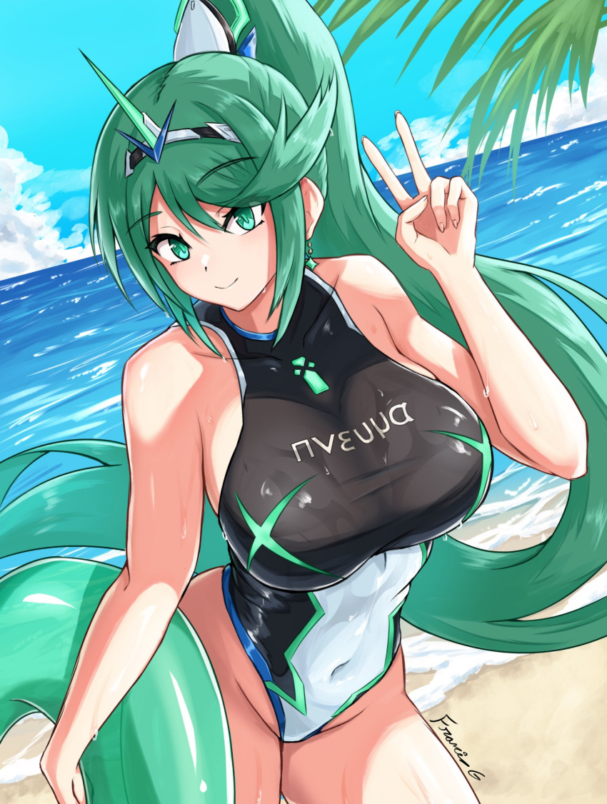 1girl alluring big_breasts fgsketch green_eyes green_hair inflatable_tube nintendo one-piece_bikini pneuma_(xenoblade) ponytail swimsuit xenoblade_(series) xenoblade_chronicles_2