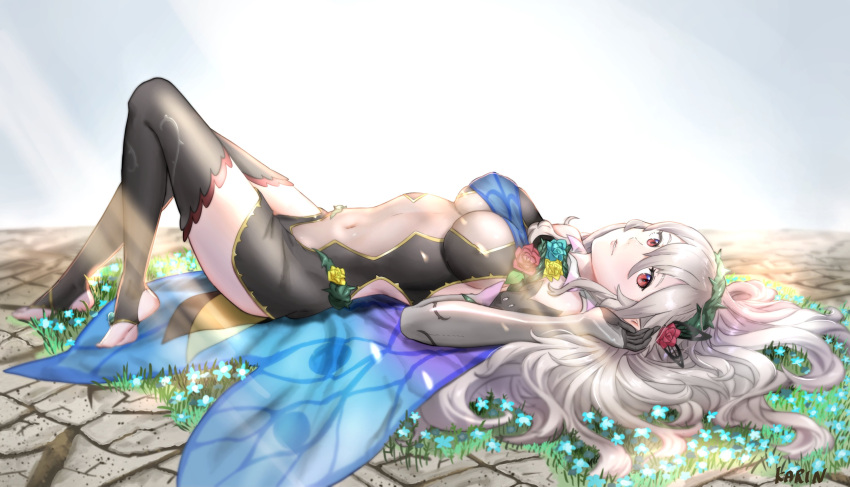 1girl 6nutqd2kwd0iqcl alluring alternate_costume bare_thighs corrin_(female)_(resplendent)_(fire_emblem) corrin_(fire_emblem) corrin_(fire_emblem)_(female) corrin_(resplendent)_(fire_emblem)_(female) fairy_wings fire_emblem fire_emblem_fates fire_emblem_heroes inner_thighs lying medium_breasts nintendo official_alternate_costume on_ground red_eyes stirrup_legwear stockings thighs toeless_legwear white_hair