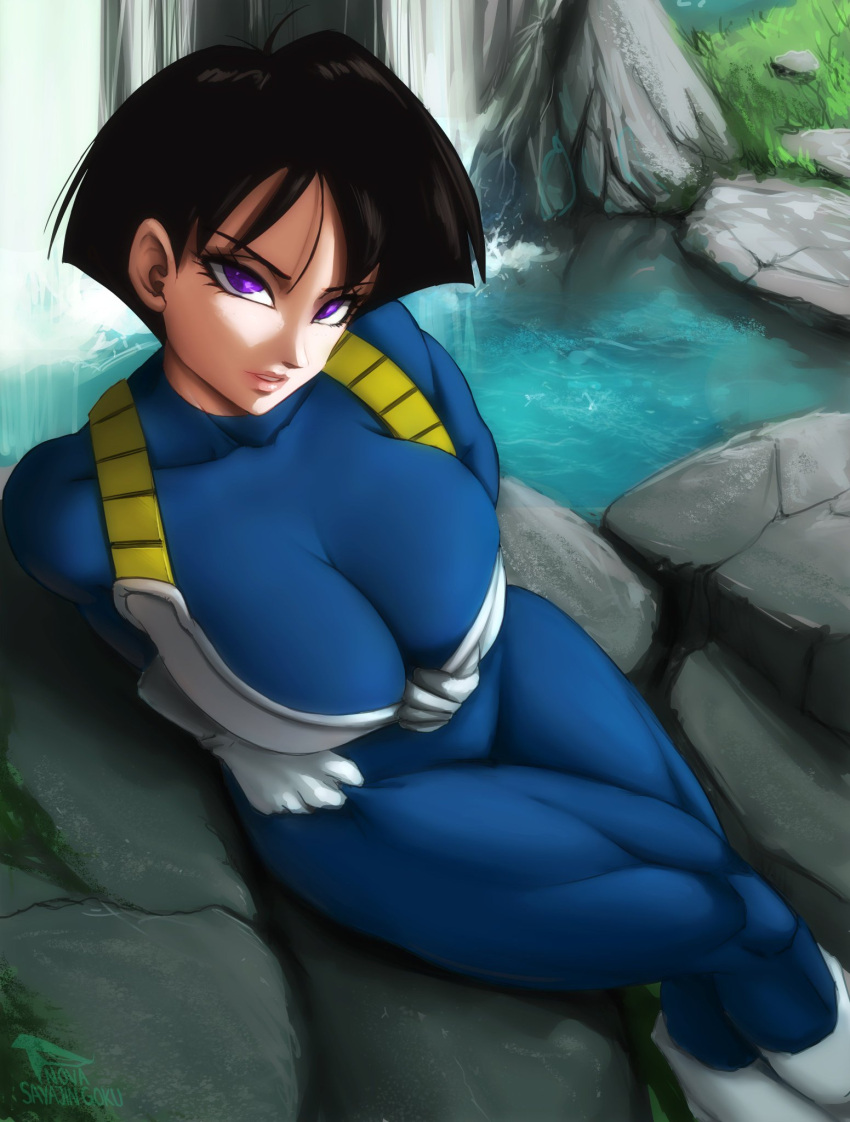 1girl alien artist_signature big_breasts bitch black_hair breasts dragon_ball dragon_ball_z elite_nappa fasha female_pervert hooker light-skinned_female light_skin muscular muscular_female muscular_thighs nature novasayajingoku pervert presenting prostitute prostitution purple_eyes saiyan saiyan_armor seripa sexually_suggestive short_hair thighs tight_clothing