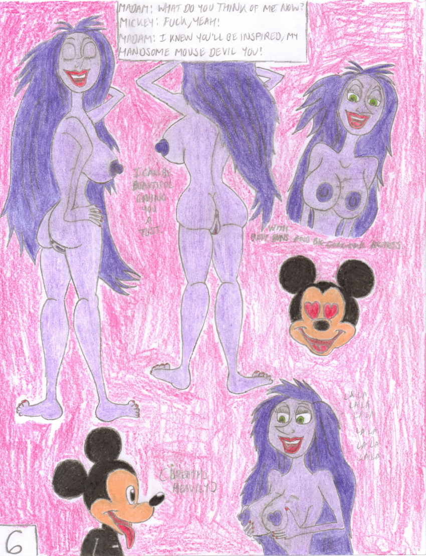 breasts comic crossover disney disney_channel green_eyes lipstick madam_mim mickey_mouse mouse naked_female nipples nude purple_hair pussy shrekrulez the_sword_in_the_stone witch