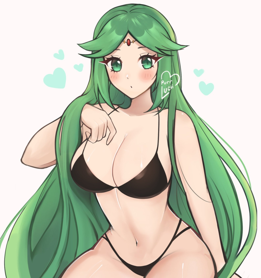 1girl 1girl alluring alternate_costume bare_shoulders big_breasts bikini black_bikini blush cleavage commentary green_eyes green_hair grey_background heart high_res kid_icarus long_hair looking_at_viewer navel nintendo palutena purrlucii simple_background stomach swimsuit very_long_hair