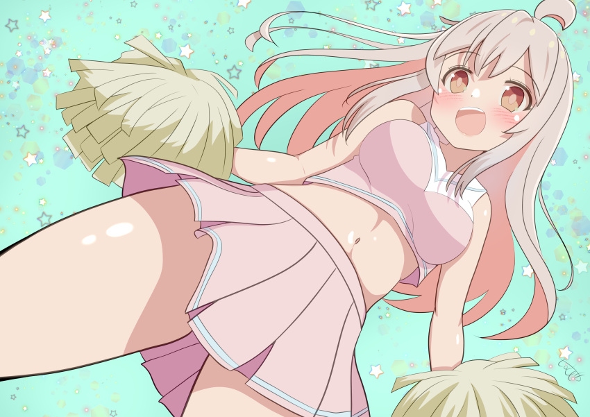 1girl ahoge artist_request cheerleader from_below high_res long_hair looking_at_viewer medium_breasts navel onii-chan_wa_oshimai! open_mouth oyama_mahiro pink_eyes pink_hair pleated_skirt pom_poms thighs