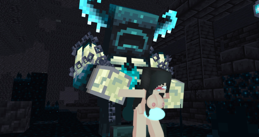 1girl black_hair blush blush minecraft minecraft_xxx penis pussy rape red_eyes sex sex_from_behind sex_slave tummy_bulge warden_(minecraft)