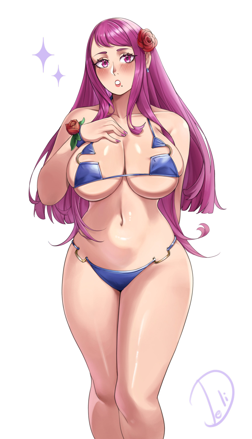 1girl 1girl 1girl :o absurd_res alluring alternate_costume bare_shoulders big_breasts bikini blue_bikini blue_swimsuit blush breasts cleavage deliciousbra deliciousbrain feet_out_of_frame female_only fire_emblem fire_emblem_engage high_res ivy_(fire_emblem) long_hair looking_at_viewer mole mole_under_mouth navel nintendo pink_eyes purple_eyes purple_hair sideboob simple_background skindentation standing stomach swimsuit thighs under_boob very_long_hair white_background