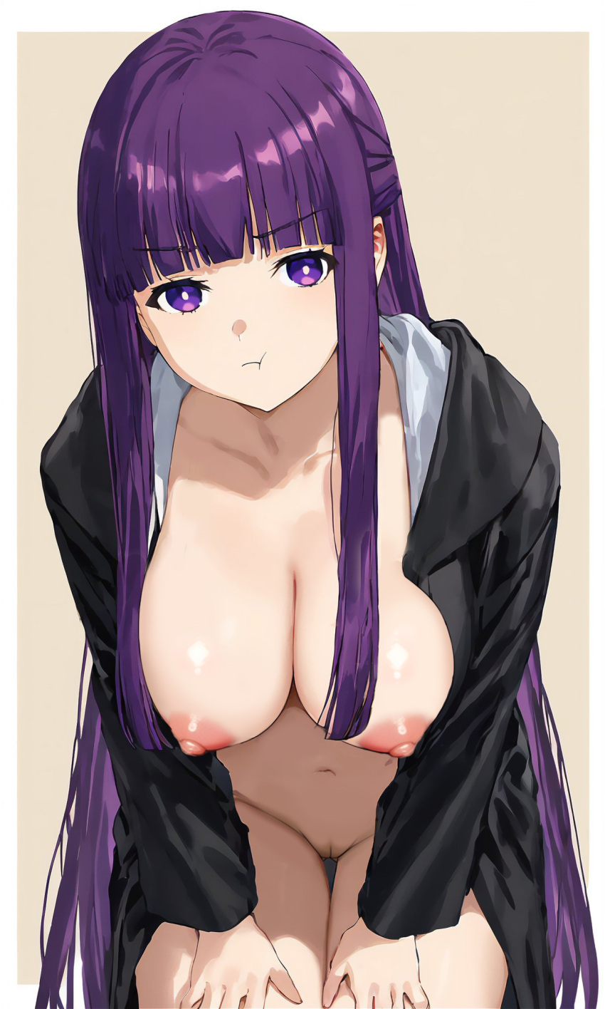 1girl angry big_breasts female_only fern_(sousou_no_frieren) frieren_beyond_journey's_end jacket long_hair looking_at_viewer nekom14 nipples no_bra no_panties open_jacket pout purple_eyes purple_hair pussy sousou_no_frieren