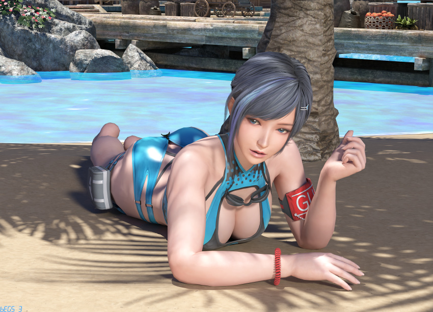 1girl 3d alluring bare_legs begs3 big_breasts bikini black_and_blue_hair blue_eyes cleavage dead_or_alive dead_or_alive_xtreme_venus_vacation female_only one-piece_bikini pin_up reika_(doa) swimming_pool tecmo