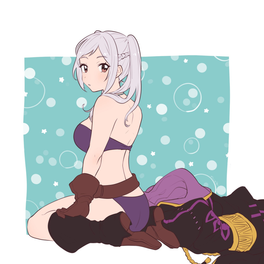 1girl 1girl 72kuri alluring aqua_background belt bikini boots border bra brown_belt brown_eyes brown_gloves fire_emblem fire_emblem_awakening fire_emblem_heroes full_body gloves high_res knee_boots nintendo official_alternate_costume pants purple_bikini purple_bra purple_pants robin_(fire_emblem) robin_(fire_emblem)_(female) robin_(summer)_(fire_emblem)_(female) sidelocks sitting swimsuit twin_tails underwear underwear_only unworn_clothes wariza white_border white_hair