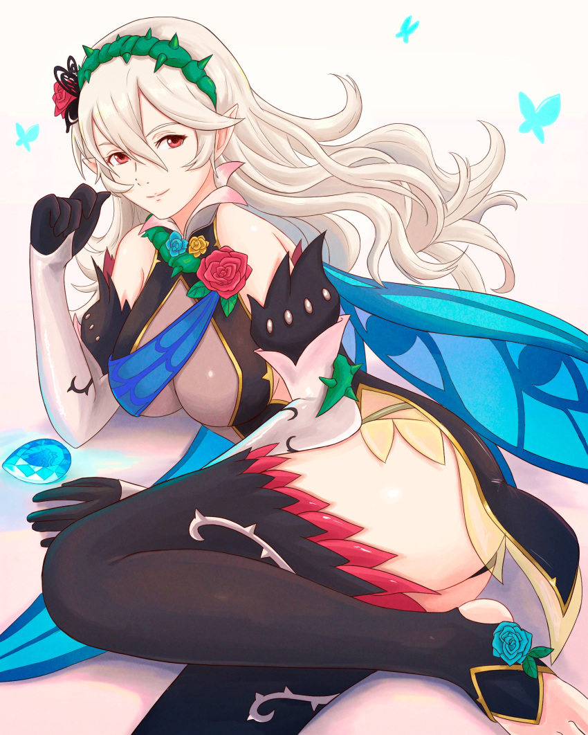 1girl 1girl 1girl absurd_res alluring alternate_costume ass bare_shoulders bare_thighs big_ass big_breasts black_panties black_thighhighs bug butterfly corrin_(fire_emblem) corrin_(fire_emblem)_(female) corrin_(resplendent)_(fire_emblem)_(female) dragonstone dress elbow_gloves english_commentary female_only fire_emblem fire_emblem_fates fire_emblem_heroes flower gloves grey_hair hair_flower hair_ornament hairband high_res inner_thighs looking_at_viewer lying nintendo official_alternate_costume on_side panties pantyshot pointy_ears red_eyes rose see-through short_dress smile stockings thighs thorns toeless_legwear truejekart underwear upskirt white_background