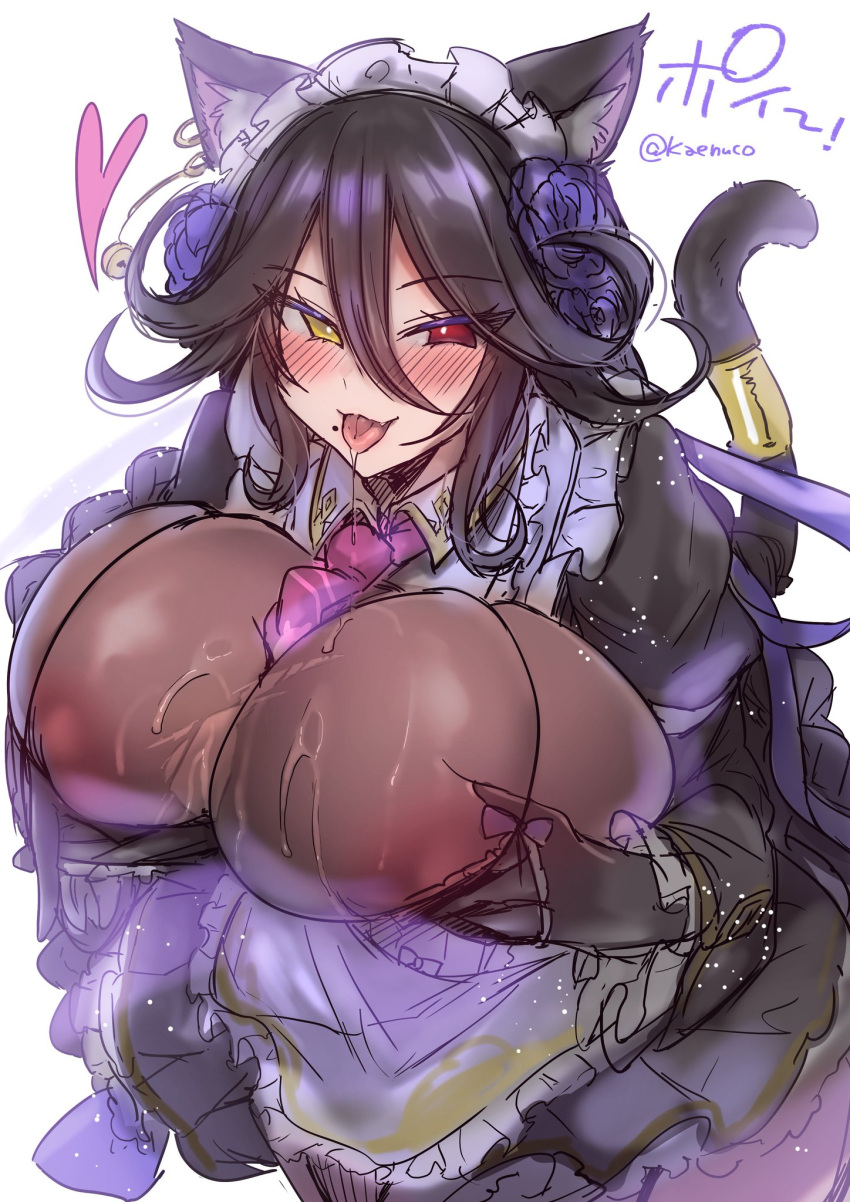 1girl areola_slip big_breasts blush cat_ears cat_tail cleavage dark_hair drooling hair_ornament heterochromia huge_breasts kaenuco last_origin looking_at_viewer maid maid_headdress maid_uniform mole_under_mouth poi_(last_origin) tongue_out