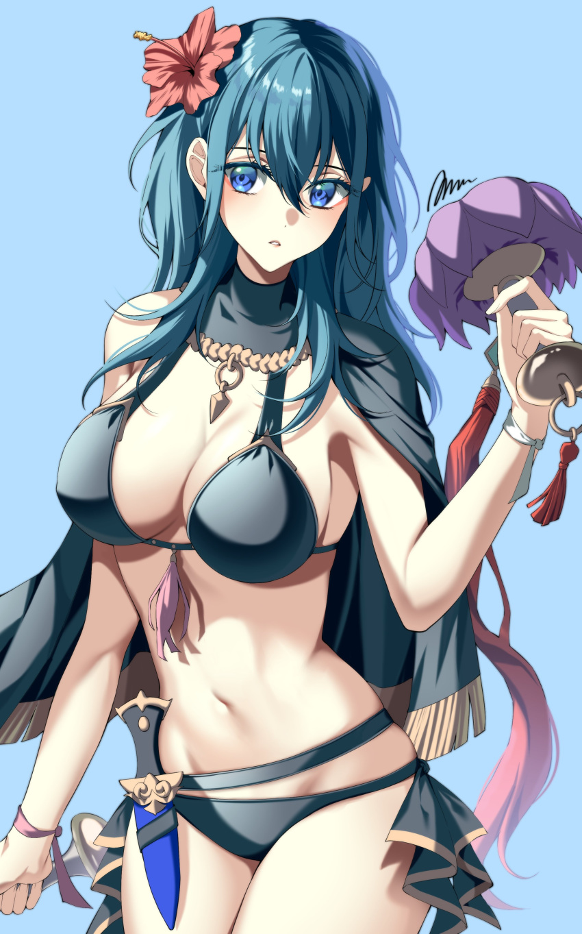 1girl alluring asan_a_aa big_breasts bikini blue_eyes byleth_(fire_emblem) byleth_(fire_emblem)_(female) byleth_(summer)_(fire_emblem)_(female) cleavage female_only fire_emblem fire_emblem:_three_houses fire_emblem_heroes nintendo swimsuit teal_hair