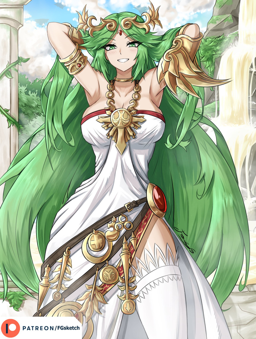 1girl alluring arms_up bare_shoulders cleavage dress female_focus fgsketch greek_clothes green_eyes green_hair hot_spring jewelry kid_icarus kid_icarus_uprising laurel_crown long_hair looking_at_viewer medium_breasts nintendo palutena parted_bangs pendant pendant_choker smile stockings strapless strapless_dress very_long_hair white_dress