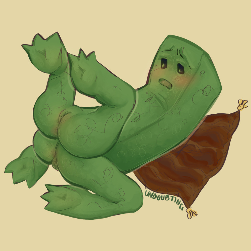 4_legs black_eyes blush creeper_(minecraft) dripping green_skin legs_up minecraft multi_genitalia on_back open_mouth pussy spread_legs three_toes undoubting_(artist) vaginal_juices