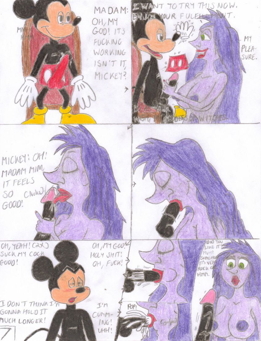 breasts comic crossover cum cum_in_mouth disney disney_channel green_eyes lipstick madam_mim mickey_mouse mouse naked_female nipples nude penis penis_in_mouth purple_hair shrekrulez the_sword_in_the_stone witch