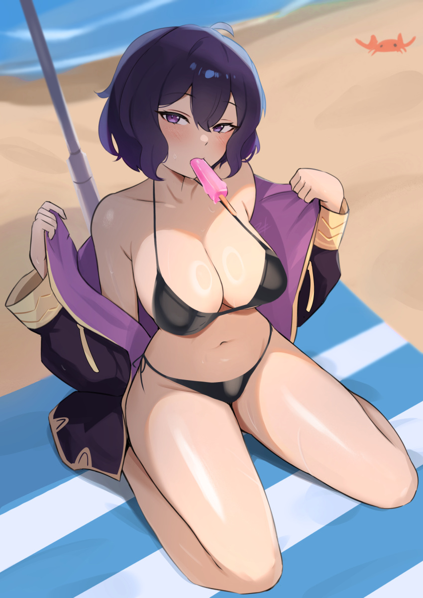 1girl 1girl 1girl alluring alternate_costume bare_shoulders beach beach_towel beach_umbrella big_breasts bikini black_bikini black_hair black_jacket black_swimsuit female_only fire_emblem fire_emblem_awakening food food_in_mouth high_res jacket kneel long_sleeves morgan_(female)_(fire_emblem) morgan_(fire_emblem) morgan_(fire_emblem)_(female) navel nintendo off_shoulder popsicle popsicle_in_mouth purple_eyes purple_hair seiza short_hair sitting stomach string_bikini swimsuit thighs towel zet_(twt_zet)