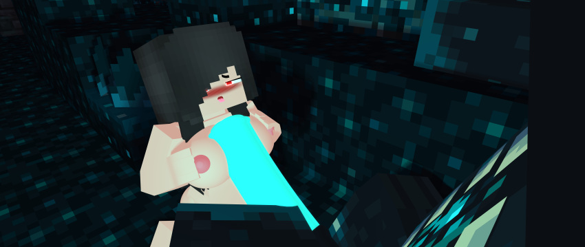 1girl black_hair blush blush breasts glowing_eyes glowing_penis minecraft minecraft_mob minecraft_xxx paizuri paizuri penis penis red_eyes warden_(minecraft)