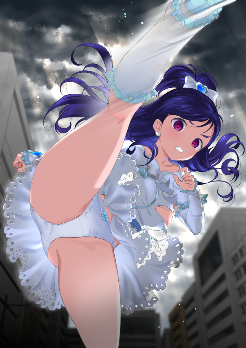 1girl blue_hair breasts cameltoe cure_white dress_lift female_focus futari_wa_precure high_res kicking panties pants precure purple_eyes underwear white_panties younger_female yukishiro_honoka