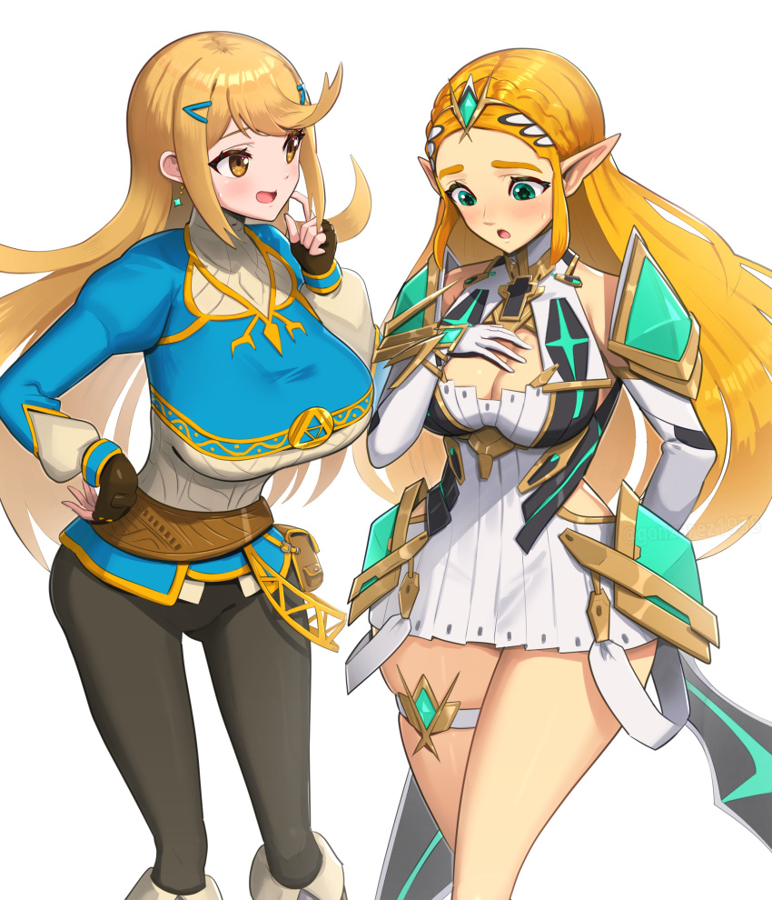 1girl 2_girls blonde_hair blush cleavage clothed company_connection cosplay costume_switch crossover embarrassed female_only gold_eyes gonzarez green_eyes huge_breasts light-skinned_female light_skin long_hair mythra mythra_(xenoblade) mythra_(xenoblade)_(cosplay) nintendo outfit_swap pointy_ears princess_zelda princess_zelda_(cosplay) tagme the_legend_of_zelda the_legend_of_zelda:_tears_of_the_kingdom thick_thighs white_background xenoblade_(series) xenoblade_chronicles_2