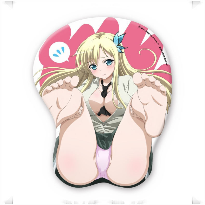 1girl barefoot between_breasts black_necktie blonde_hair blue_eyes blush boku_wa_tomodachi_ga_sukunai breasts butterfly_hair_ornament cleavage collarbone crotch_mousepad feet female hair_ornament highres kashiwazaki_sena knees_on_chest long_hair looking_at_viewer mousepad necktie necktie_between_breasts official_art panties pink_panties pov_feet scan school_uniform seifuku simple_background soles solo toes underwear white_background