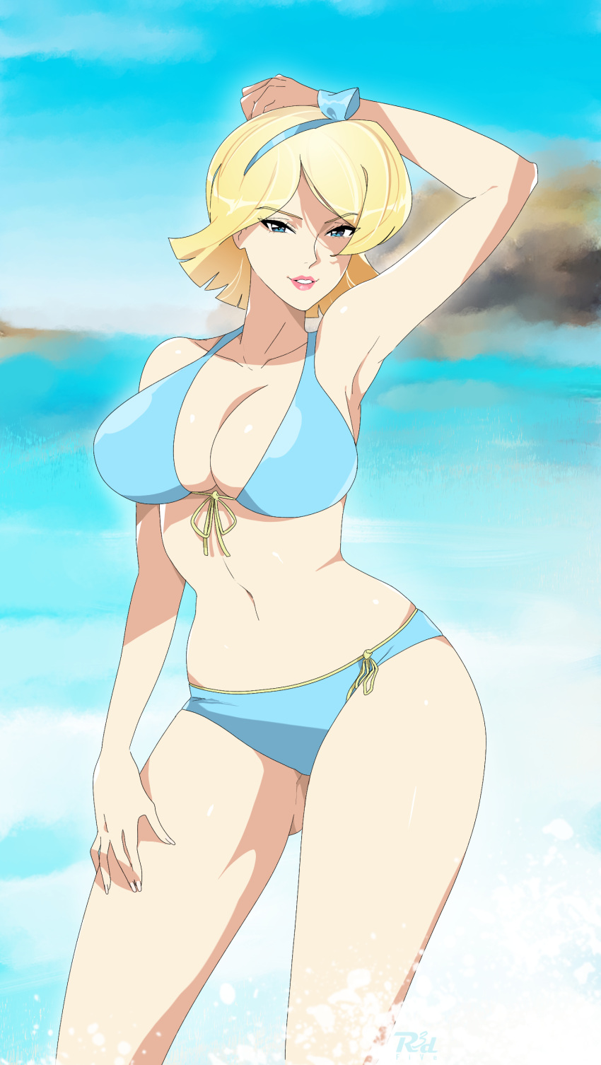 1girl alluring beach big_breasts bikini blonde_hair blue_eyes blue_sky clover_(totally_spies) ocean older older_female pin_up png r3dfive totally_spies young_adult young_adult_female young_adult_woman